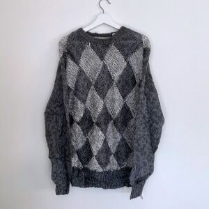 Vintage 1990's Cottage Core Knit Sweater Medium Cozy Sweater Grey Argyle Pattern